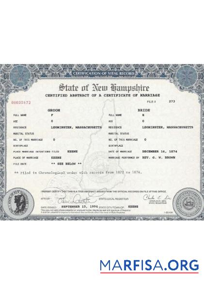 Realistic USA New Hampshire cerificate of marriage sample